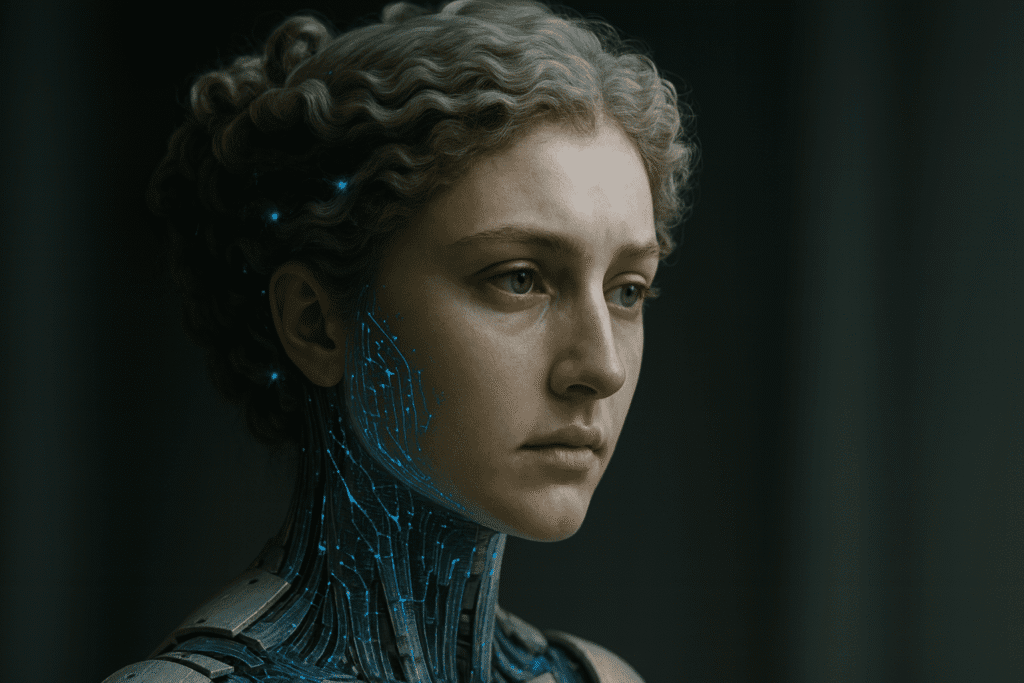 Female humanoid android with realistic face and glowing blue circuitry along the neck and jaw.