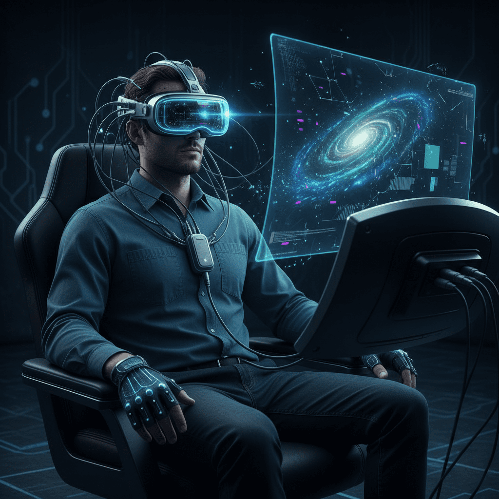 Man using advanced VR headset with holographic galaxy interface Man using advanced VR headset with holographic galaxy display while interacting with futuristic computer interface.